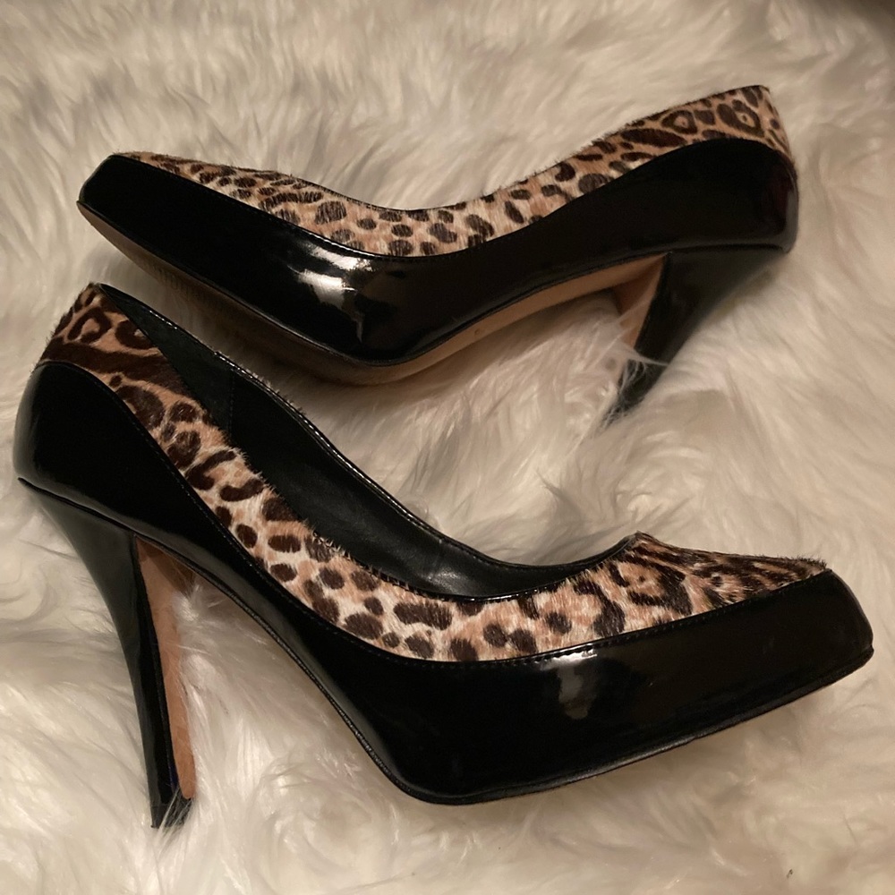 WHBM Black patent leather and leopard pumps